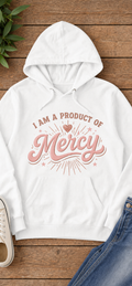 I Am a Product of Mercy pullover hoodie in rose gold, flat lay