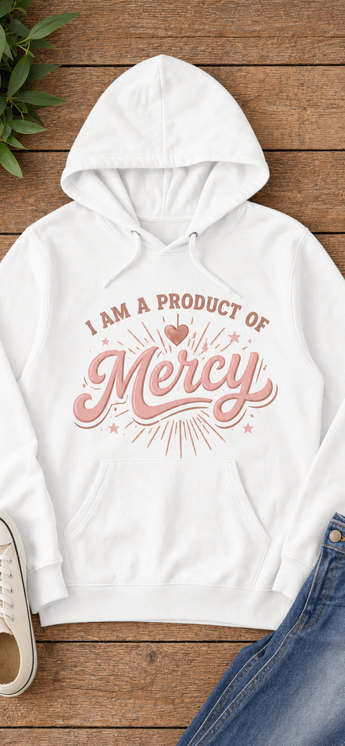 I Am a Product of Mercy pullover hoodie in rose gold, flat lay