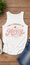 I Am a Product of Mercy tank top in rose gold, flat lay