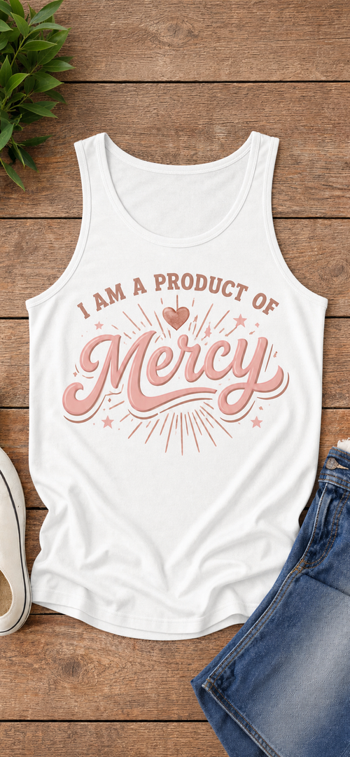I Am a Product of Mercy tank top in rose gold, flat lay